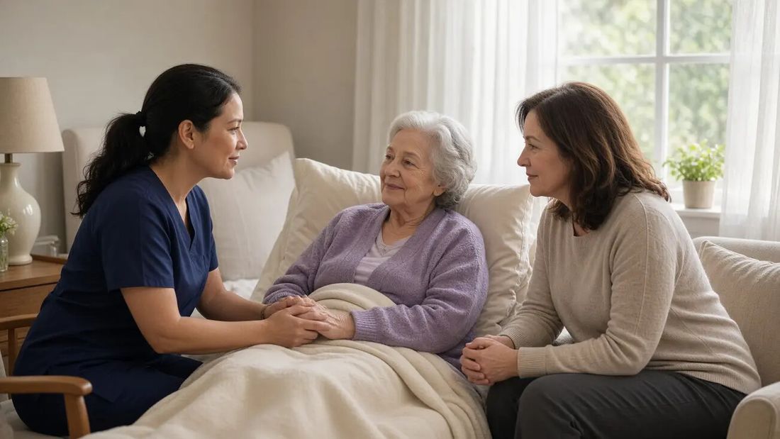 A healthcare professional plans symptom-focused palliative wound care with a patient and their family.