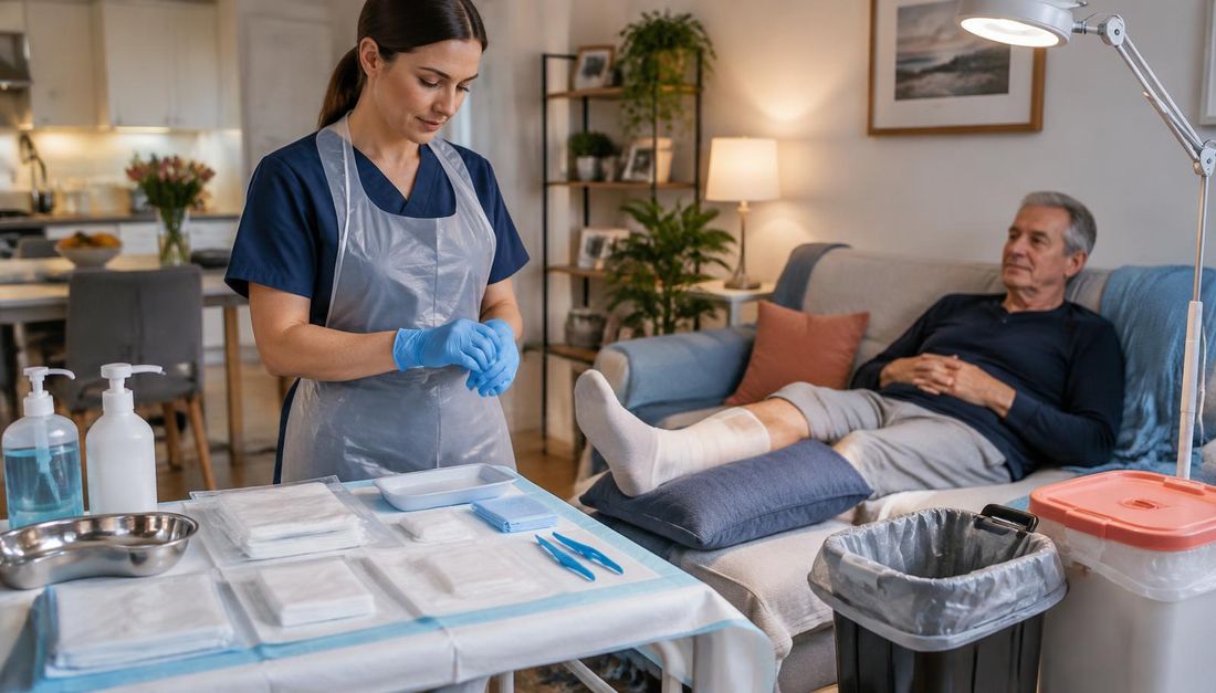 Medicinska sestra priprema čisti radni prostor i zatvoreni materijal prije previjanja bolesnikove pokrivene potkoljenice u domu