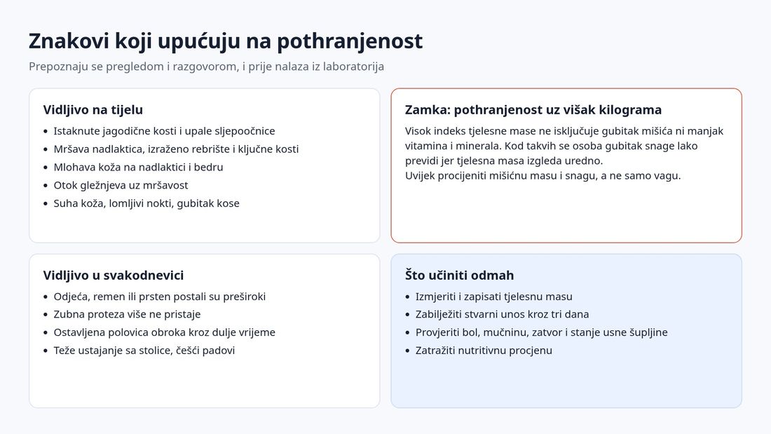 Pregled znakova pothranjenosti vidljivih na tijelu i u svakodnevici, s upozorenjem na pothranjenost uz višak kilograma i popisom prvih koraka.