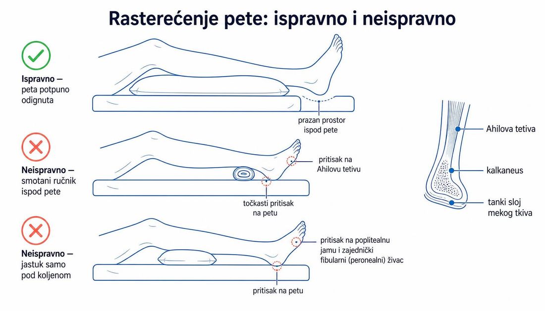 Shema tri načina postavljanja noge: ispravno s petom potpuno odignutom i praznim prostorom ispod pete, neispravno sa smotanim ručnikom koji stvara točkasti pritisak na petu i Ahilovu tetivu te neispravno s jastukom samo pod koljenom uz pritisak na petu i poplitealnu jamu, uz presjek pete s kalkaneusom i tankim slojem mekog tkiva.