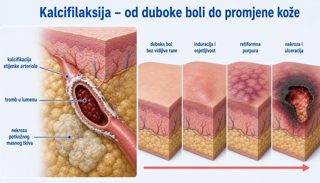 Presjek kože i potkožnog masnog tkiva s kalcifikacijom stijenke arteriole, trombom u lumenu i nekrozom masnog tkiva te četverostupanjski slijed promjena kože: duboka bol bez vidljive rane, induracija i osjetljivost, retiformna purpura te nekroza i ulceracija.
