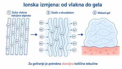 Shema ionske izmjene: suho vlakno kalcijeva alginata, dodir s eksudatom i nastali mekani gel
