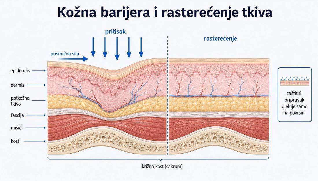 Presjek kože i mekih tkiva iznad križne kosti: lijevo pritisak i posmična sila deformiraju dublja tkiva, desno je područje rasterećeno, uz napomenu da zaštitni pripravak djeluje samo na površini kože.