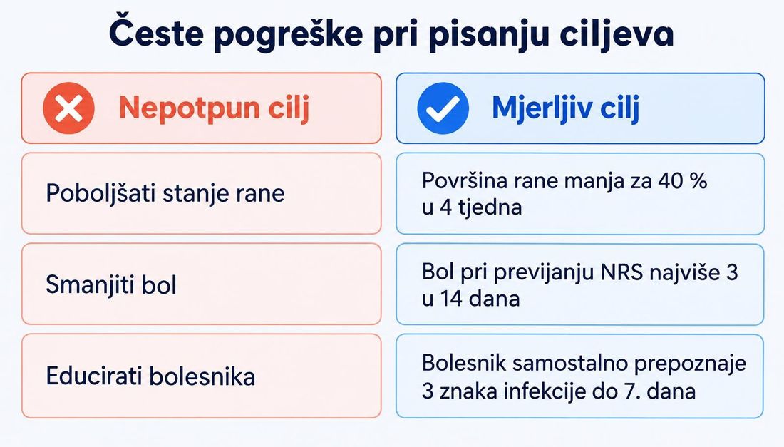 Usporedni prikaz nepotpunih i mjerljivih ciljeva: nasuprot općenitim formulacijama „poboljšati stanje rane”, „smanjiti bol” i „educirati bolesnika” stoje ciljevi s pokazateljem, vrijednošću i rokom.
