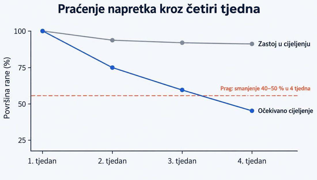 Grafikon praćenja površine rane kroz četiri tjedna: krivulja očekivanog cijeljenja pada na oko 45 posto početne površine, krivulja zastoja ostaje blizu 90 posto, a isprekidana linija označava prag smanjenja od 40 do 50 posto u četiri tjedna.