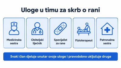 Shema pet uloga u timu za skrb o rani: medicinska sestra, obiteljski liječnik, specijalist za rane, fizioterapeut i patronažna sestra, uz napomenu da svaki član djeluje unutar svoje uloge i pravodobno uključuje druge.