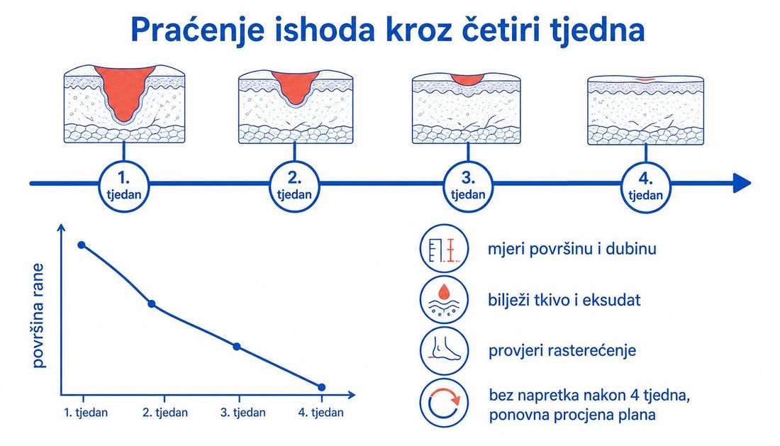 Vremenska os praćenja rane kroz četiri tjedna s prikazom postupnog smanjenja rane, krivuljom smanjenja površine rane i podsjetnicima za mjerenje, bilježenje tkiva i eksudata te provjeru rasterećenja.