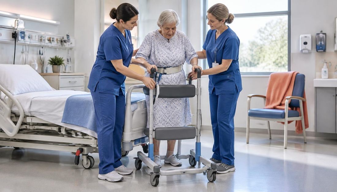 Dvije medicinske sestre pomažu bolesnici pri premještanju uz pomagalo.