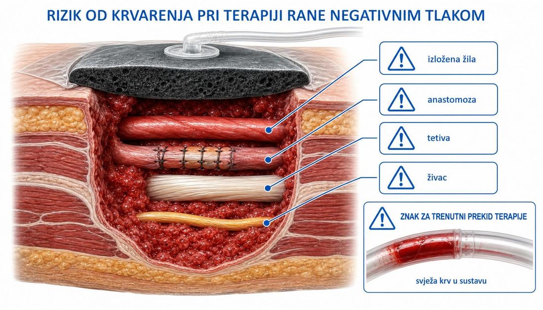 Shematski presjek rane s izloženom arterijom, vaskularnom anastomozom, tetivom i živcem te prozirnom cijevi u kojoj je svježa krv.