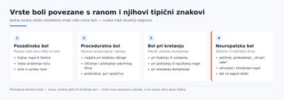 Shema vrsta boli povezane s ranom: pozadinska bol između postupaka, incidentna bol pri pokretu i kompresiji, proceduralna bol tijekom previjanja i anticipacijska bol prije postupka, sa kratkim opisom značenja svake vrste.