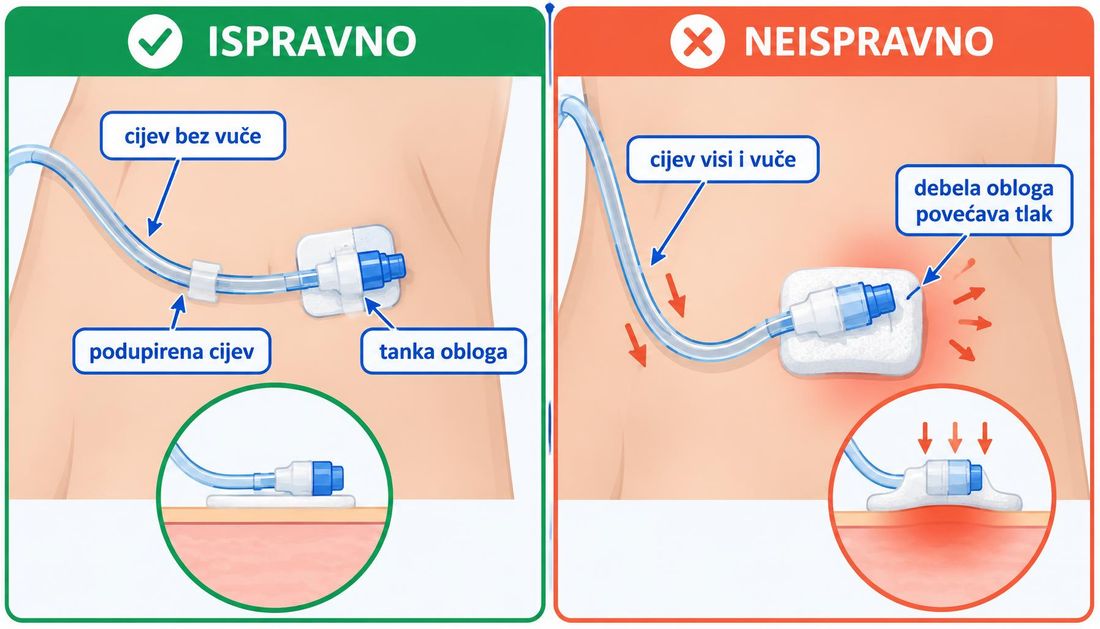 Shema usporednog prikaza dviju čestih pogrešaka: cijev koja leži izravno na koži bez rasterećenja i predebela obloga ispod čvrste trake koja dodatno povećava tlak.