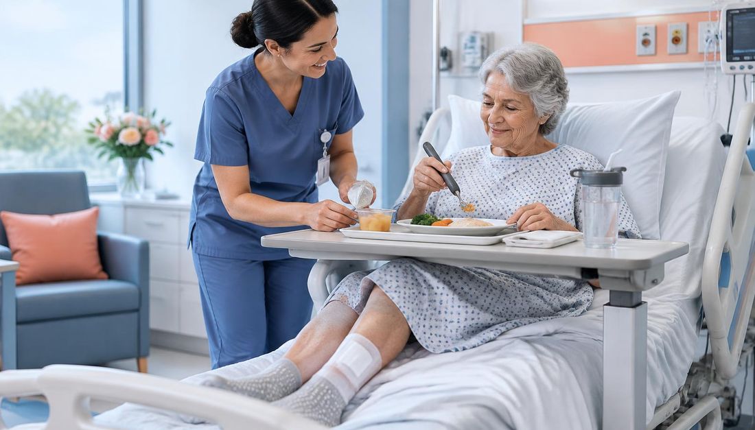 Bolesnica u krevetu jede uz prilagođen pribor, otvorenu ambalažu i vodu nadohvat ruke, uz diskretnu pomoć medicinske sestre.