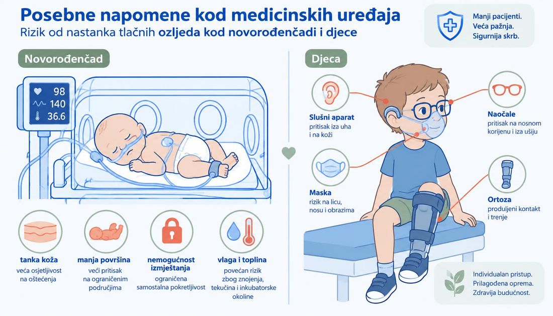 Shema novorođenčeta i djeteta s medicinskim uređajima: tanja i nezrelija koža, manje anatomske dimenzije, inkubator/vlažno okruženje i potreba za nježnijim sučeljem.