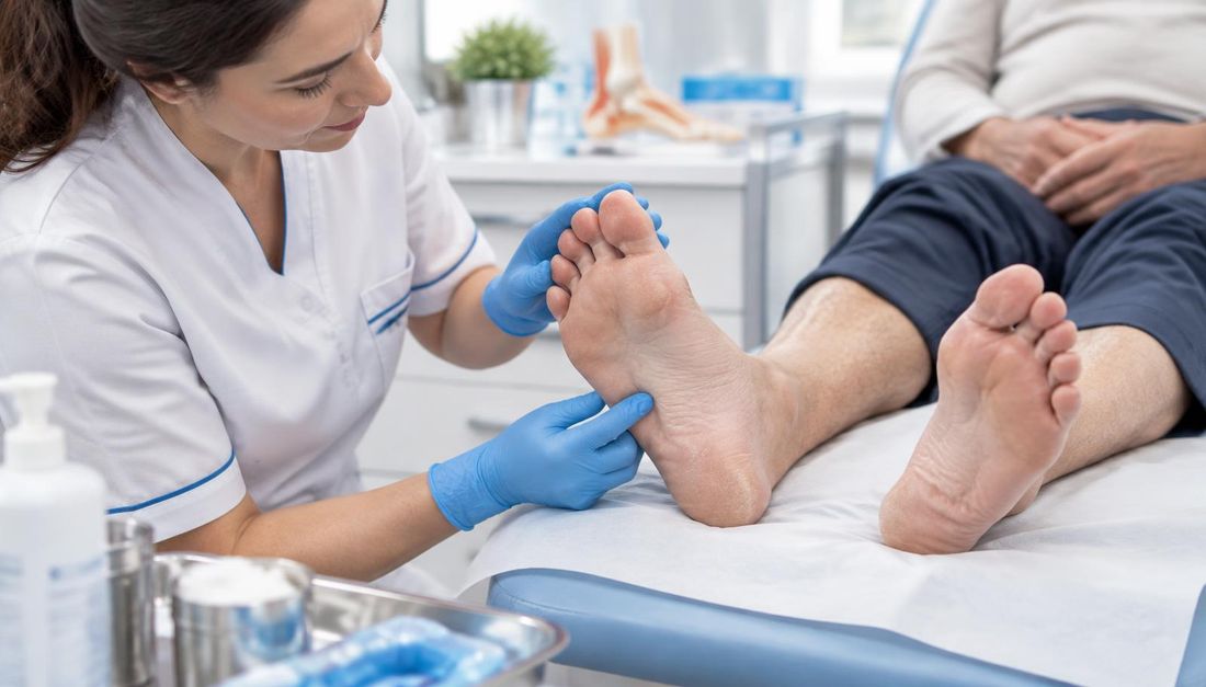 Medicinska sestra pregledava tabane oba stopala osobe sa šećernom bolešću u ambulanti.