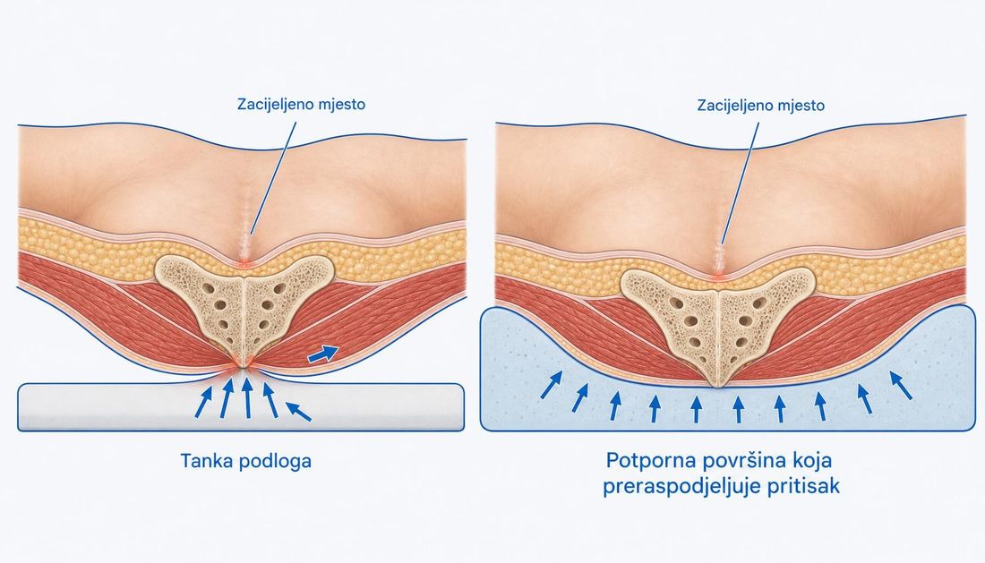 Dva presjeka križne regije osobe koja leži: na tankoj podlozi koštana izbočina sabija meko tkivo u uski pojas uz strelice pritiska i smicanja, na debeloj potpornoj površini tijelo se uleže i strelice pritiska raspoređene su po znatno širem području; zacijeljeno mjesto označeno je tankim ožiljkom.