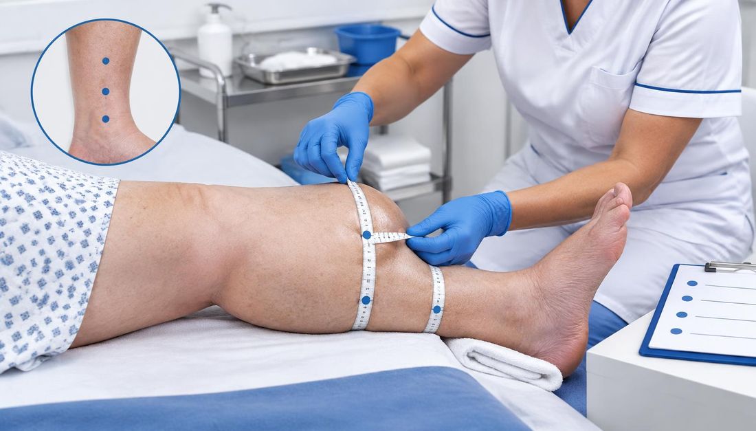 Measuring the circumference of a swollen lower leg with a non-stretch tape at marked anatomical landmarks