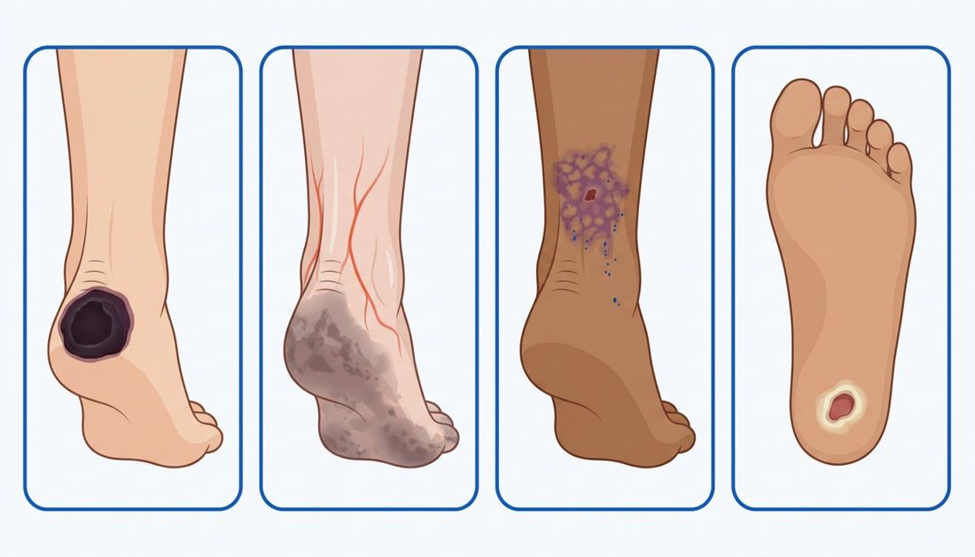 Shematska usporedba lezija pete: nekroza od pritiska na stražnjoj peti, ishemijska promjena, kalcifilaksija i plantarna neuropatska lezija.