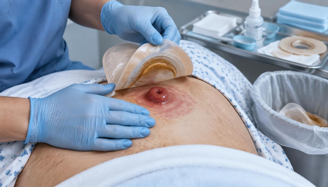 Podignuta stomijska podloga pokazuje prodiranje sadržaja ispod podloge i crvenilo okolne kože