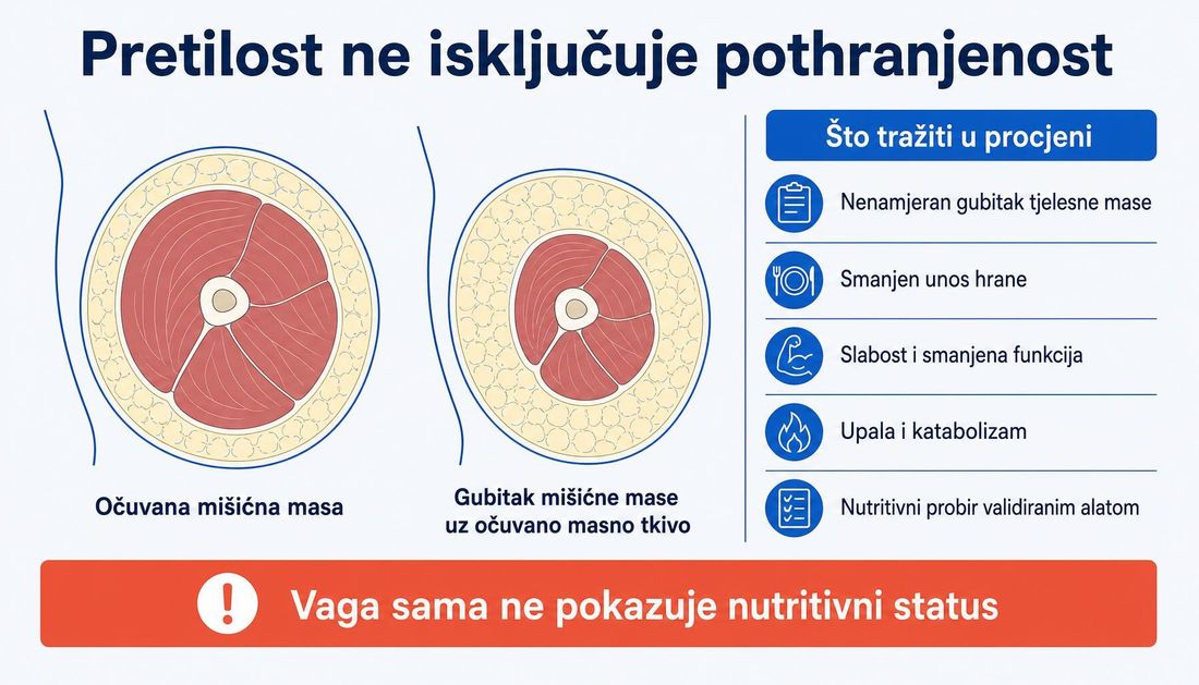Dva presjeka natkoljenice koja prikazuju očuvanu mišićnu masu i gubitak mišićne mase uz očuvano masno tkivo, uz popis nalaza koje treba tražiti u nutritivnoj procjeni.