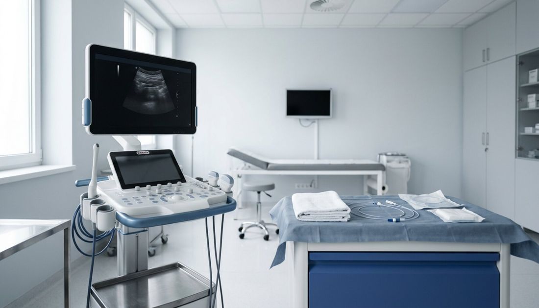 Prostorija pripremljena za endovenski zahvat pod nadzorom ultrazvuka: uređaj s linearnom sondom i pokriveni sterilni stolić s katetrom.