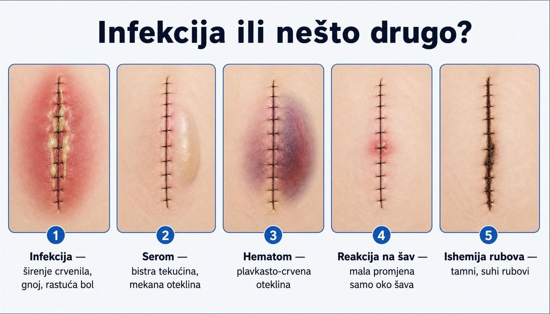 Pet usporednih prikaza zašivene kirurške incizije s hrvatskim oznakama: infekcija sa širenjem crvenila i gnojem, serom s bistrom tekućinom, hematom s plavkasto-crvenom oteklinom, ograničena reakcija na šav te ishemija rubova s tamnim suhim rubovima.
