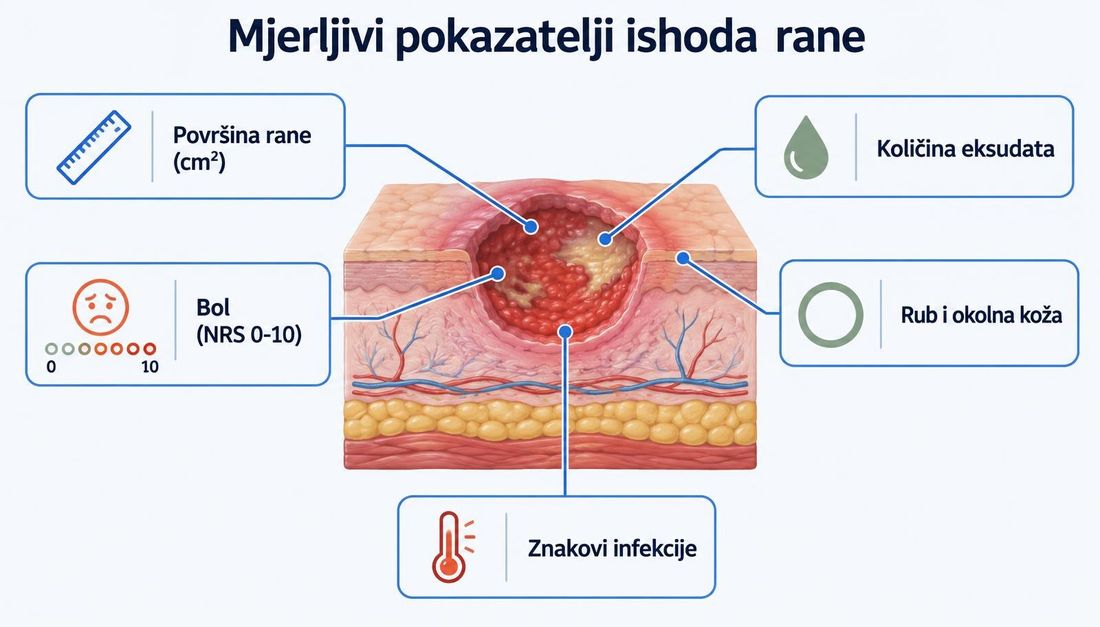 Klinička shema presjeka rane kroz kožu i potkožje s pet označenih mjerljivih pokazatelja ishoda: površina rane u kvadratnim centimetrima, količina eksudata, bol na ljestvici od 0 do 10, rub i okolna koža te znakovi infekcije.