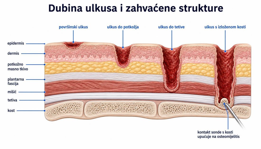 Anatomski presjek prednjega dijela stopala s prikazom slojeva epidermisa, dermisa, potkožnoga masnoga tkiva, plantarne fascije, mišića, tetive i kosti te četiri ulkusa rastuće dubine: površinski ulkus, ulkus do potkožja, ulkus do tetive i ulkus s izloženom kosti, uz napomenu da kontakt sonde s kosti upućuje na osteomijelitis.