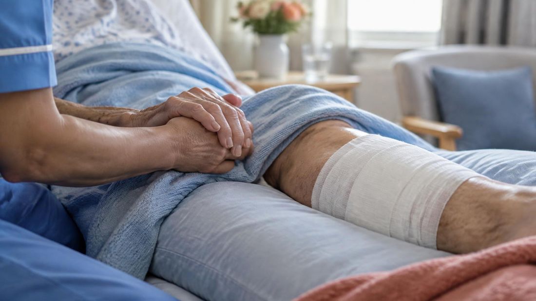 Medicinska sestra nježno drži ruku starije osobe koja leži u krevetu, s previjenom potkoljenicom na jastuku, u mirnoj sobi palijativne skrbi