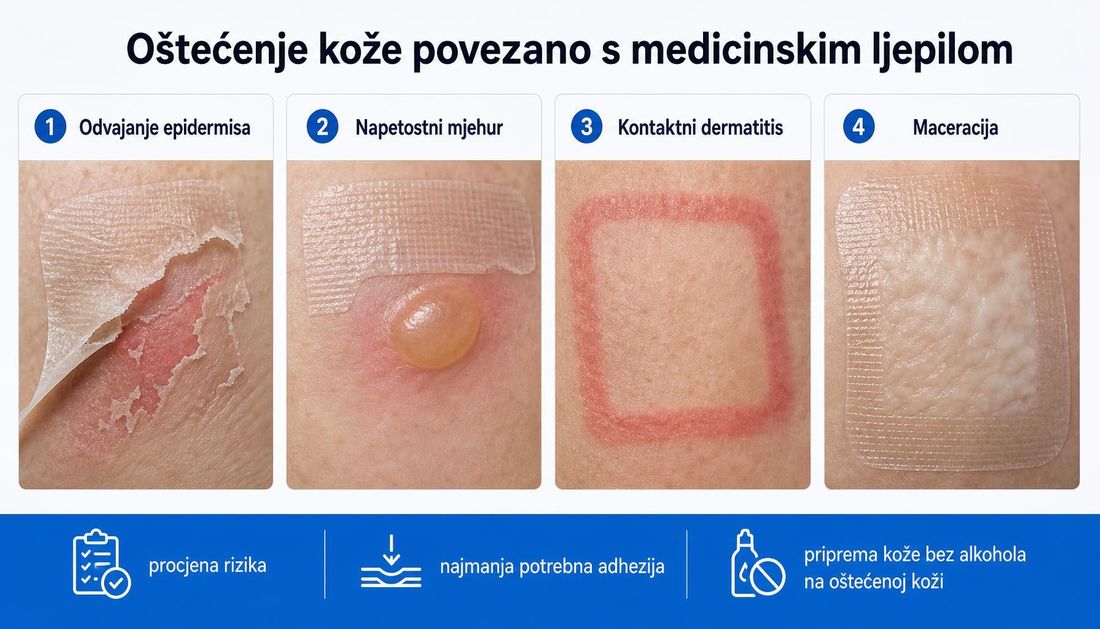 Četiri prikaza oštećenja kože povezanoga s medicinskim ljepilom: odvajanje epidermisa, napetostni mjehur, kontaktni dermatitis u obliku obrisa obloge i maceracija kože ispod ljepila.