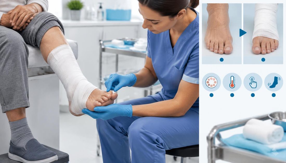 Medicinska sestra nakon previjanja provjerava boju, toplinu, osjet i aktivni pokret prstiju stopala