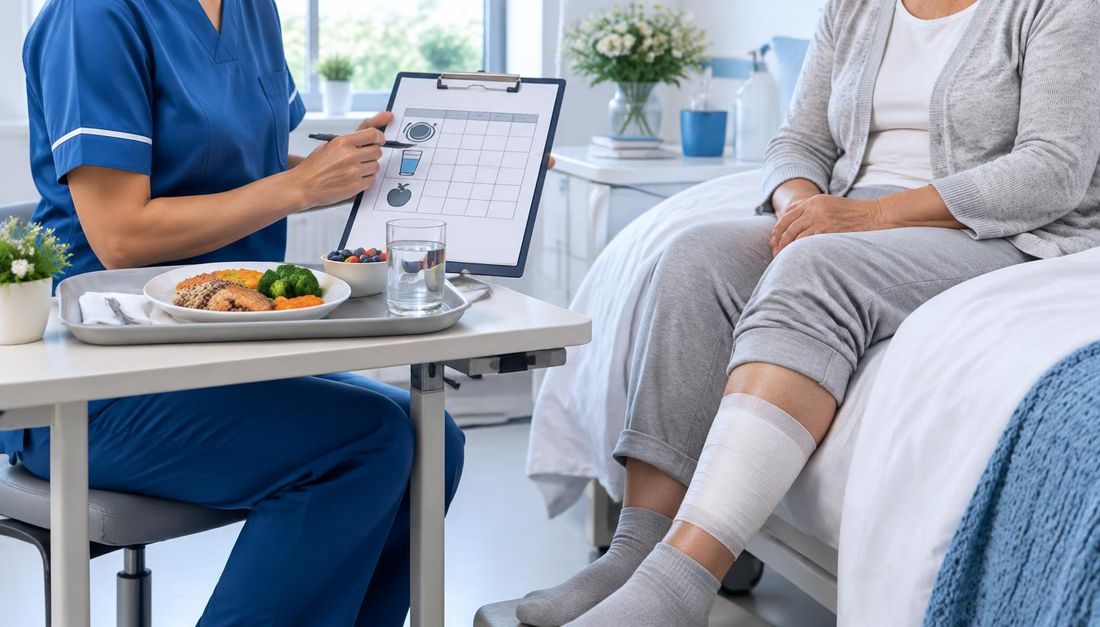 Medicinska sestra procjenjuje prehranu i hidraciju uz obrok, čašu vode i zavijenu potkoljenicu bolesnika s kroničnom ranom.
