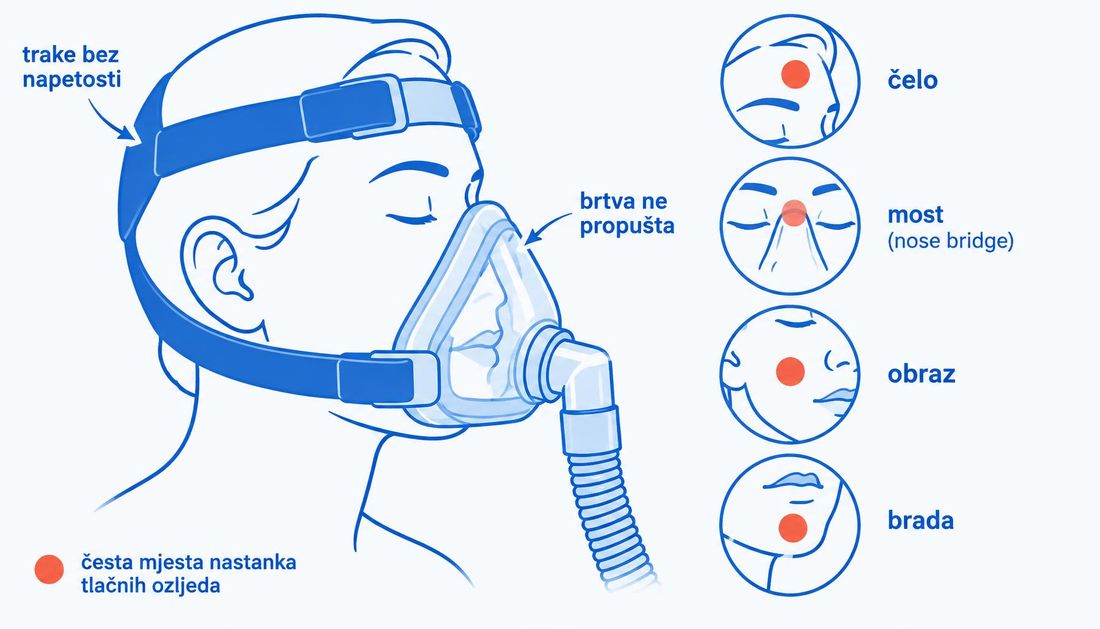 Shema maske za neinvazivnu ventilaciju na licu: zones najvećeg pritiska na mostu nosa, obrazima i bradi, te prijedlozi prilagodbe veličine i trake.