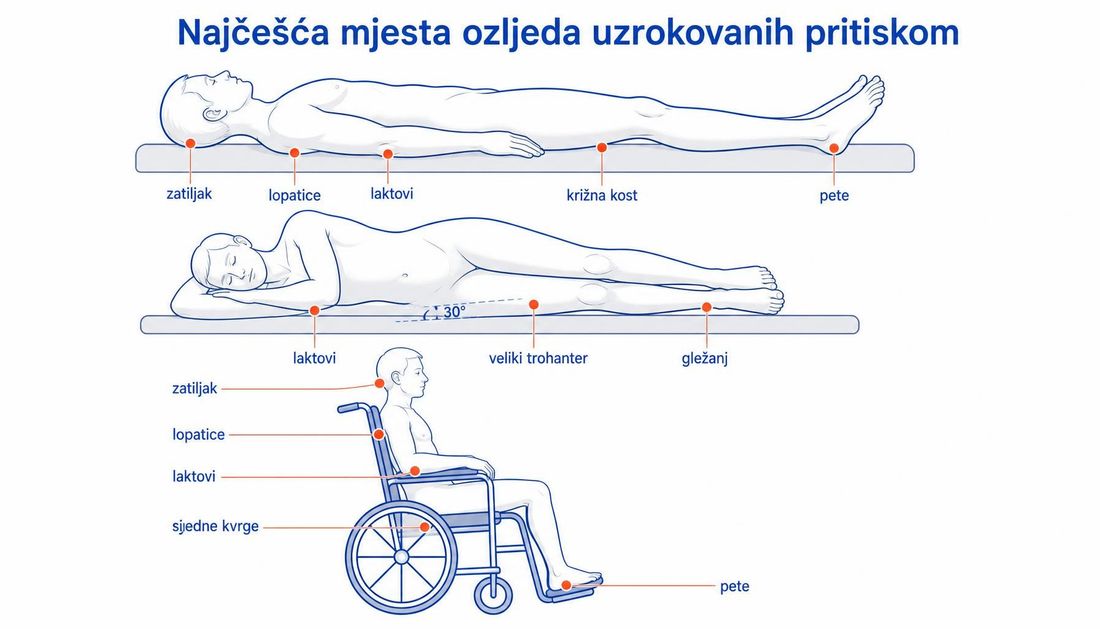 Shema najčešćih mjesta ozljeda uzrokovanih pritiskom u ležećem položaju na leđima, u bočnom položaju i pri sjedenju, s označenim zatiljkom, lopaticama, laktovima, križnom kosti, velikim trohanterom, gležnjem, sjednim kvrgama i petama.
