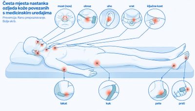Klinička shema anatomskih mjesta pod pritiskom medicinskih uređaja: most nosa, obrazi, usne, brada, vrat, potključna jama, ruke, prsti, gležnjevi i pete, označeni kobaltnom točkom i neutralnim tenkovima.