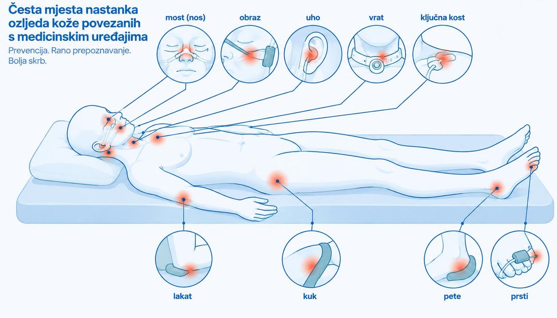 Klinička shema anatomskih mjesta pod pritiskom medicinskih uređaja: most nosa, obrazi, usne, brada, vrat, potključna jama, ruke, prsti, gležnjevi i pete, označeni kobaltnom točkom i neutralnim tenkovima.