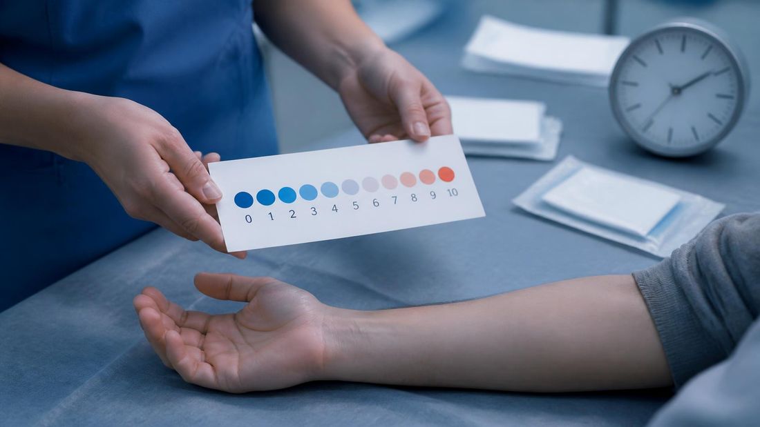Ruke zdravstvene djelatnice pokazuju karticu s ljestvicom boli od 0 do 10 nad podlakticom bolesnika na kliničkoj podlozi; u pozadini su zapakirane obloge i sat. Nema prikaza rane ni prepoznatljivih osoba.
