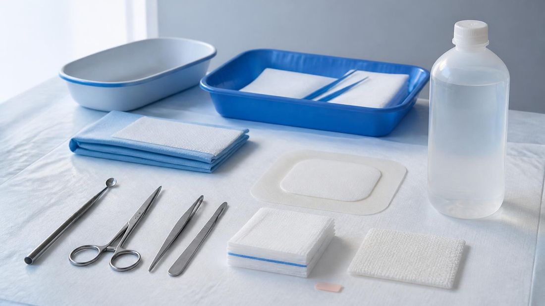 Sterilni instrumenti i materijali za različite pristupe debridmanu na kliničkom stolu.