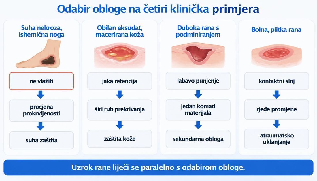 Shema odabira obloge na četiri klinička primjera: suha nekroza na ishemičnoj nozi, obilan eksudat s maceriranom kožom, duboka rana s podminiranjem i bolna plitka rana, svaki s tri koraka odluke.