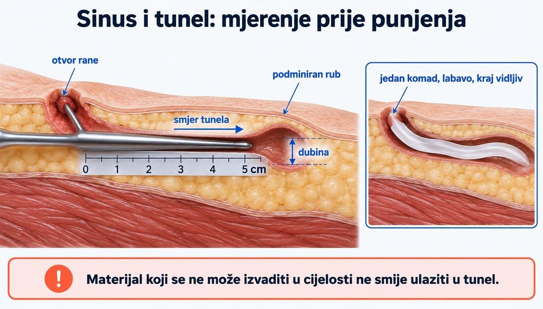 Presjek kože, potkožnog tkiva i mišića s otvorom rane koji vodi u uzak tunel pod netaknutom kožom, sondom i mjernom skalom u centimetrima, te umetkom s jednim komadom vrpce labavo položenim uz stijenke i vidljivim krajem.