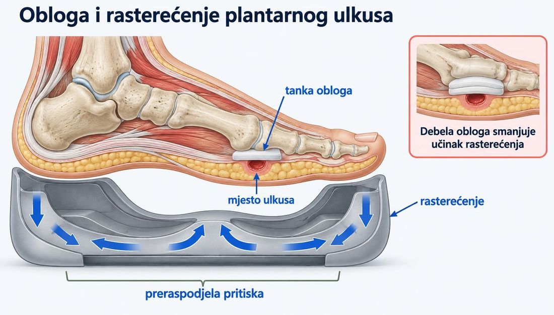 Presjek stopala s plantarnim ulkusom pod glavicom prve metatarzalne kosti, tankom oblogom nad ulkusom i uređajem za rasterećenje ispod stopala sa strelicama preraspodjele pritiska, uz napomenu da debela obloga smanjuje učinak rasterećenja.
