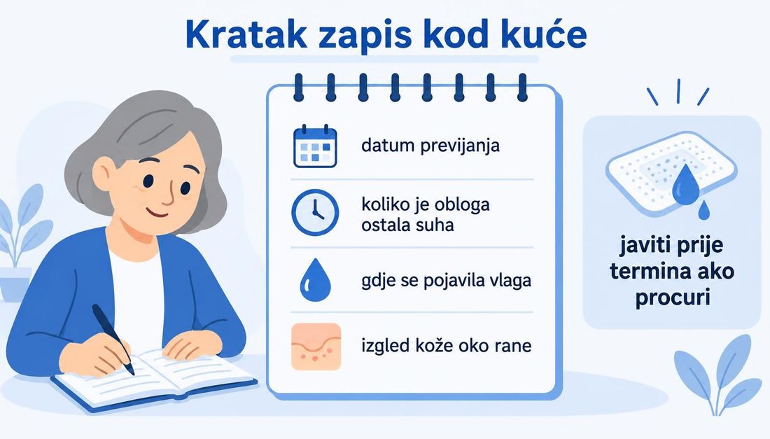 Pacijentski prikaz kratkog zapisa kod kuće: bilježnica s četiri retka za datum previjanja, koliko je obloga ostala suha, gdje se pojavila vlaga i kakva je koža oko rane, uz napomenu da se javi prije termina ako obloga procuri.