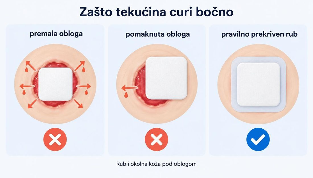 Tri prikaza rane odozgo s oblogom: premala obloga s tekućinom koja izlazi na sve strane, pomaknuta obloga s bočnim curenjem i pravilno postavljena obloga koja prekriva ranu i pojas zdrave kože.