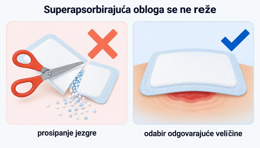 Dva prikaza: lijevo škare koje režu superapsorbirajuću oblogu iz koje se prosipaju granule jezgre, označeno kao pogreška, desno neoštećena obloga odgovarajuće veličine položena nad ranu, označena kao pravilan odabir.