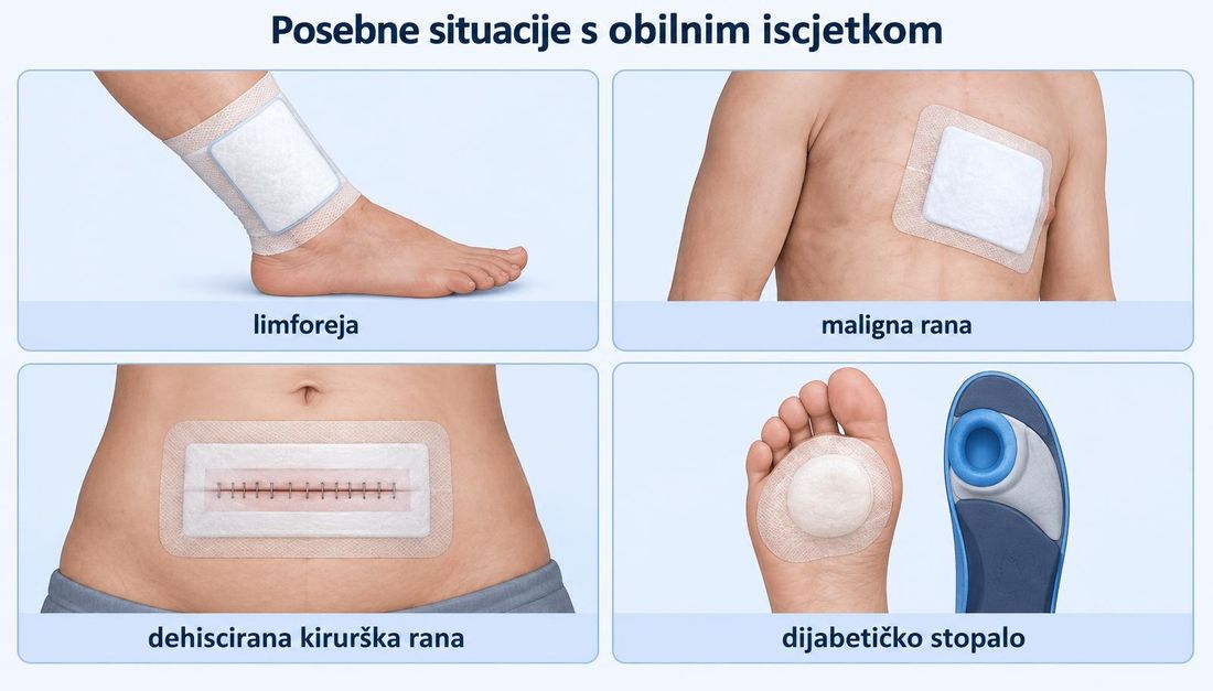 Četiri prikaza situacija s obilnim iscjetkom: potkoljenica s limforejom i zavojem, prsni koš s oblogom nad malignom ranom, trbuh s dehisciranom kirurškom ranom i taban s oblogom uz uložak za rasterećenje.