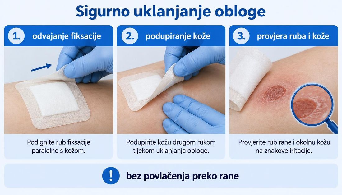 Tri koraka uklanjanja obloge u rukavicama: odvajanje fiksacije paralelno s kožom, podupiranje kože drugom rukom tijekom uklanjanja i provjera ruba rane i okolne kože, uz napomenu da se obloga ne povlači preko rane.