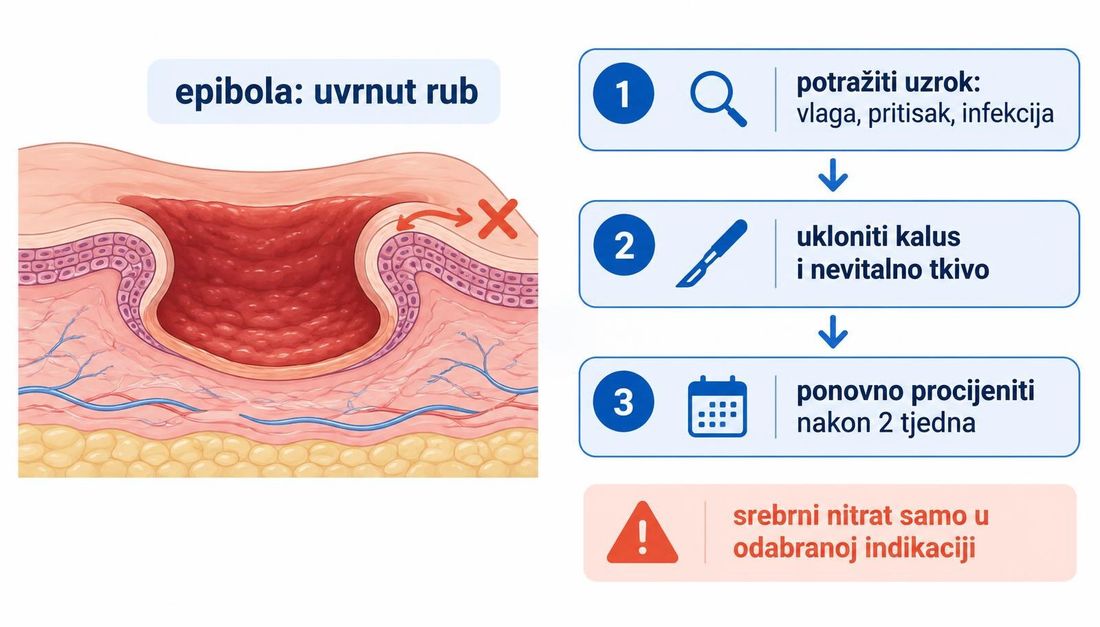 Shema presjeka rane s epibolom: zadebljan rub uvrnut prema unutra zaustavlja napredovanje epitela, uz tri koraka postupanja — potražiti uzrok, ukloniti kalus i nevitalno tkivo te ponovno procijeniti nakon dva tjedna.