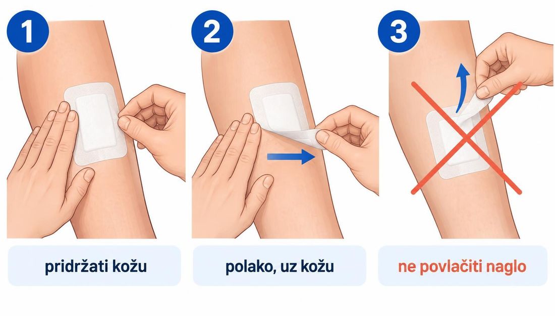 Shema u tri koraka za sigurno uklanjanje samoljepive obloge s potkoljenice: pridržavanje kože uz rub obloge, polagano odvajanje obloge uz kožu i prekrižen prikaz naglog povlačenja obloge prema gore.
