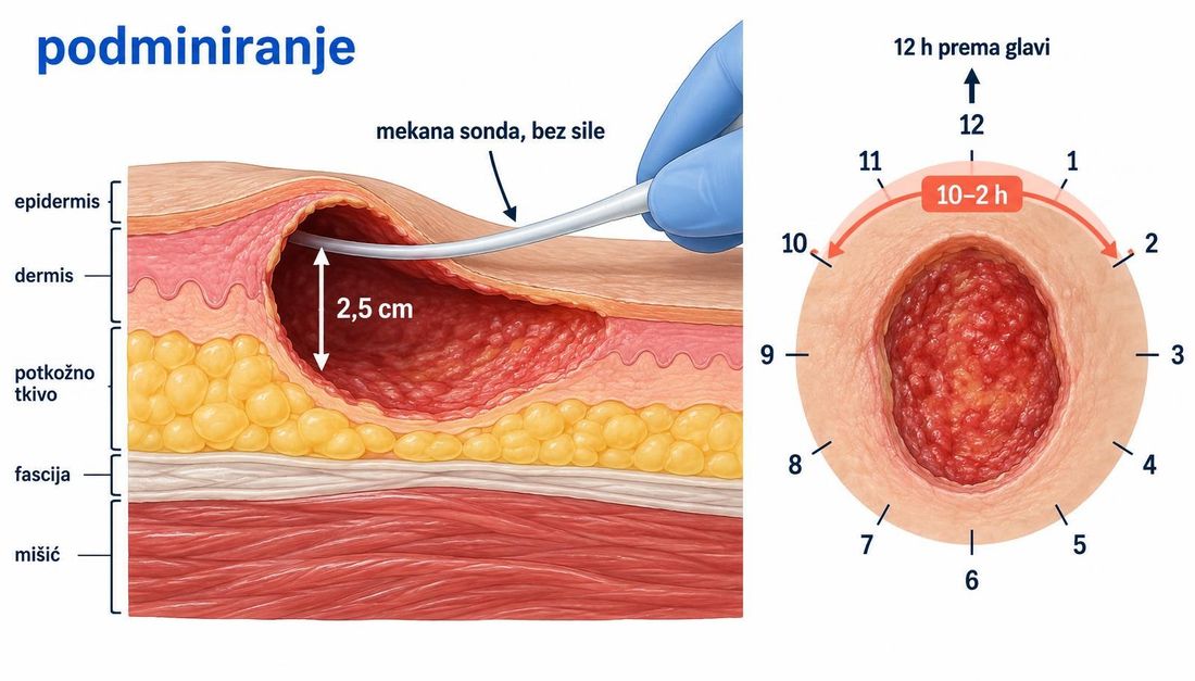 Shema nježnog sondiranja podminiranja tupim instrumentom uz ranu, s brojčanikom u kojemu dvanaest sati odgovara smjeru prema glavi bolesnika i oznakom najveće izmjerene dubine u centimetrima.