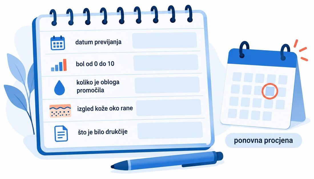 Shema jednostavnoga dnevnika rane s pet redaka za zapis: datum previjanja, bol od nula do deset, koliko je obloga promočila, izgled kože oko rane i što je bilo drukčije, uz kalendar s označenim datumom ponovne procjene.