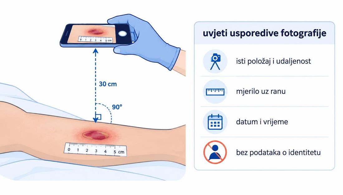 Shema standardizirane fotografije rane: uređaj se drži okomito na površinu rane, na približno tridesetak centimetara udaljenosti, uz jednokratno mjerilo postavljeno pored rane, s popisom uvjeta usporedive fotografije.